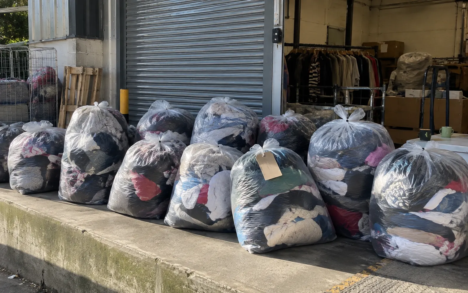 Bagged clothing ready for collection